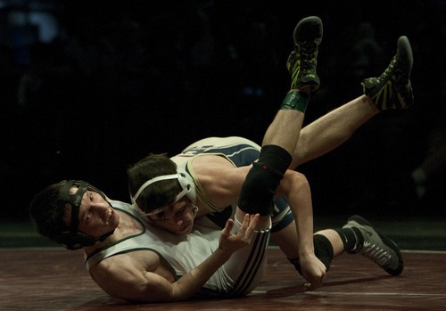 Chris Detrick  |  The Salt Lake Tribune
Herriman's Chandler Strand wrestles Clearfield's Colton Thiel in the 106lb weight class during the 4A wrestling tournament at Utah Valley University Thursday February 16, 2012. Strand won the match.