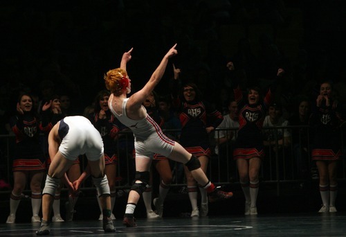 Kim Raff  |  The Salt Lake Tribune
Chance Goodrich of Altamont celebrates defeating Tyler Harper of Duchesne during the 1A 145 lb State Wrestling Tournament finals at Utah Valley University in Orem, Utah on February 18, 2012.