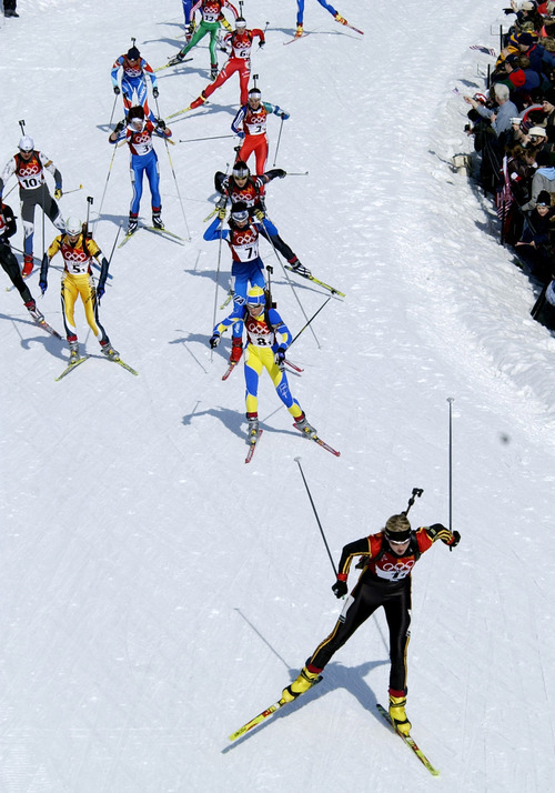 Al Hartmann | Tribune file photo
Germany's Katrin Apel leads the pack during the women's biathlon relay at Soldier Hollow, en route to the gold medal.