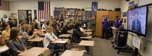 Paul Fraughton  | Tribune file photo
Gov. Gary Herbert, using interactive video conferencing technology in Blanding, delivers a speech to high school students sitting in their classroom at Murray High School Oct. 12. Other high schools around the state were part of the network receiving the governor's message.
