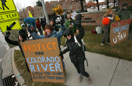 Steve Griffin  |  The Salt Lake Tribune

Members of the environmental group Earth First! protest Monday,Feb. 20, 2012, outside the Utah State Trust Lands Administration offices in Salt Lake City. The group is protesting the development of tar sands in the Book Cliffs area of Utah.