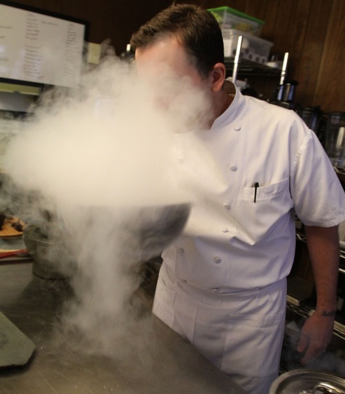 Rick Egan  | The Salt Lake Tribune 
Chef Gavin Baker works with liquid nitrogen in his test kitchen. The Mist Project, his 