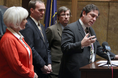 Francisco Kjolseth  |  The Salt Lake Tribune
House and senate Democrats, Pat Jones, D-Salt Lake, Ben McAdams, D-Salt Lake, Joel Briscoe, D-Salt Lake, and Brian King, D-Salt Lake, from left,  respond in opposition to the several bills involving public lands being pushed by Utah lawmakers during the legislature on Tuesday, Feburary 21, 2012 which is almost certain to see a protracted expensive court battle. Several aggressive steps were taken on Tuesday to take control of millions of acres of federal lands as a package of public-lands bills breezed through the House of Natural Resources Committee.