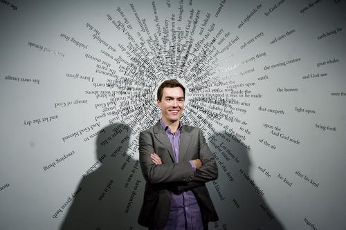 Kim Raff | The Salt Lake Tribune
Aaron Moulton is the new curator at the Utah Museum of Contemporary Art in Salt Lake City. He is photographed in front of Joshua Luther's piece, 