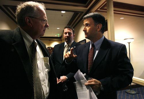 Scott Sommerdorf  |  The Salt Lake Tribune             
Former lobbyist Jack Abramoff, right, speaks with Rep. Mike Noel, R-Kanab, after Abramoff spoke to the Utah Rural Caucus, Friday February 24, 2012.