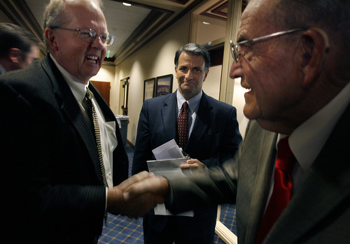 Scott Sommerdorf  |  The Salt Lake Tribune             
Rep. Mike Noel, R-Kanab, greets Bert Smith, right, who along with his wife, Kathy Smith, were instrumental in bringing former lobbyist Jack Abramoff (center), to speak to the Utah Rural Caucus, Friday February 24, 2012.
