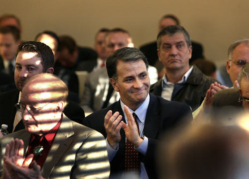 Scott Sommerdorf  |  The Salt Lake Tribune             
Former lobbyist Jack Abramoff applauds as Bert and Kathy Smith were introduced. The Smiths were instrumental in bringing Abramoff to the Capitol to speak to the Utah Rural Caucus, Friday February 24, 2012.