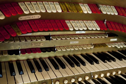 Chris Detrick  |  The Salt Lake Tribune
Some of the keys on the 2,400-pipe Wurlitzer organ at the Edison Street Organ Loft Tuesday. The organ was built in 1926 and has been in the family business since 1946. The Organ Loft hosts banquets, receptions and shows silent movies.