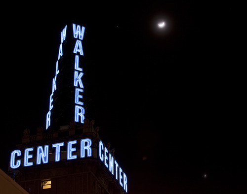 Lennie Mahler  |  The Salt Lake Tribune
Jupiter, left, the moon and Venus, bottom-right, shine in the night sky above Walker Center as it flashes blue to signal cloudy skies Sunday, Feb. 26, 2012.