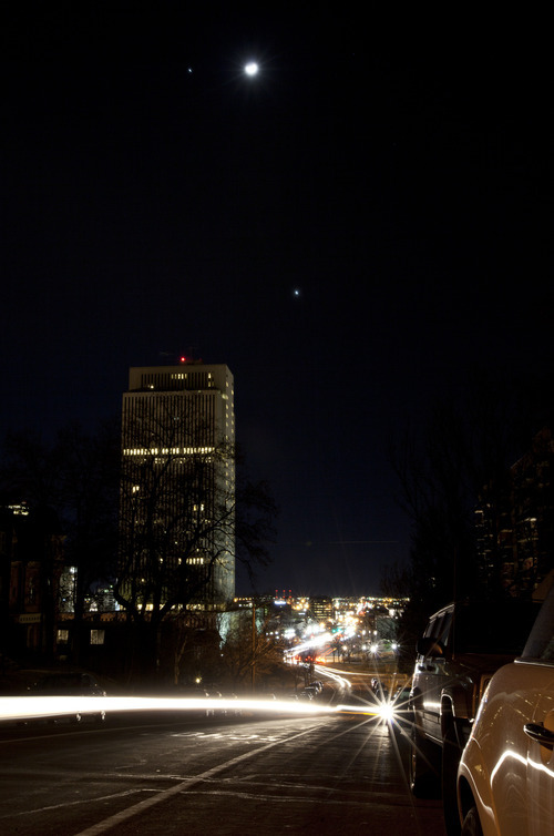 Lennie Mahler  |  The Salt Lake Tribune
Jupiter, left, the moon and Venus, bottom-right, shine in the night sky above Salt Lake City on Sunday, Feb. 26, 2012.