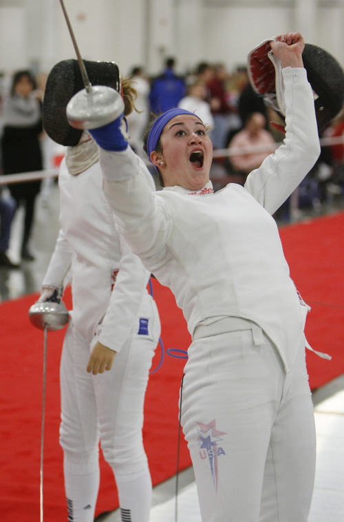 Francisco Kjolseth  |  The Salt Lake Tribune
Jessica O'Neill-Lyublinsky, 17, of Westchester, N.Y. celebrates her victory as the Junior Olympic Fencing competition takes place at the Salt Palace Convention Center on Saturday.