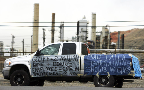 Francisco Kjolseth  |  The Salt Lake Tribune
Multiple wrapped vehicles express worker sentiment on Monday, February 27, 2012, at Tesoro Corp.'s Salt Lake City refinery who have rejected the company's contract offer.