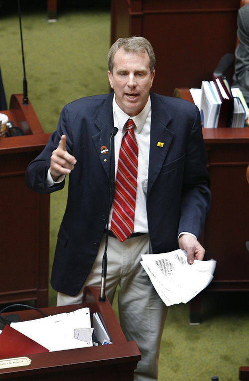 Scott Sommerdorf  |  The Salt Lake Tribune             
Rep. Chris Herrod, R-Provo, is upset that the House will not allow his bill to replace the guest worker law, HB300, to come out of the Rules Committee for a public vote. He tried to force the issue Monday from the House floor but was blocked by a motion to recess -- a move Herrod decried by saying he would not be a 