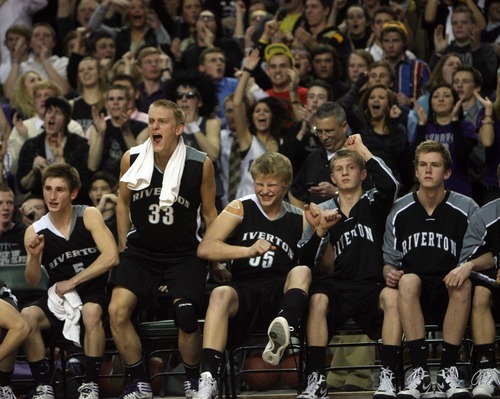 Kim Raff  |  The Salt Lake Tribune
The Riverton bench cheers as they make a freethrow taking the lead in the final seconds of double overtime during a game against Viewmont during the 5A UHSAA State Tournament at the Maverick Center in Salt Lake City, Utah on February 28, 2012. Riverton went on to win the game 52-21 in double overtime.
