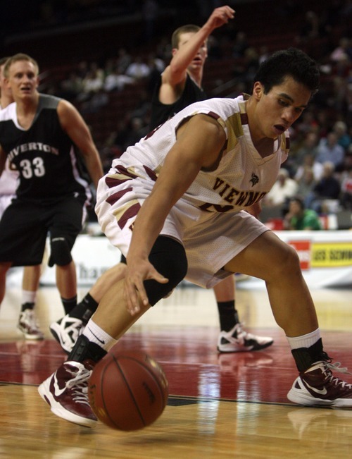 Kim Raff  |  The Salt Lake Tribune
Viewmont player Jarom Tye drives the basket during a game against Riverton during the 5A UHSAA State Tournament at the Maverick Center in Salt Lake City, Utah on February 28, 2012. Riverton went on to win the game 52-21 in double overtime.