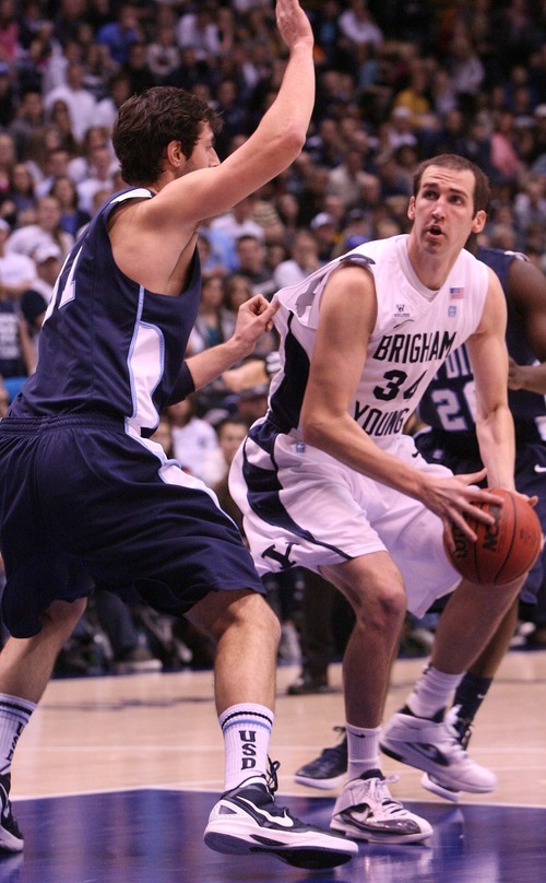 Leah Hogsten | The Salt Lake Tribune  
BYU forward Noah Hartsock (34)  had 13 points in the first half.
Brigham Young University Cougars lead San Diego 34-24 Saturday, December 31, 2011 at the Marriott Center.