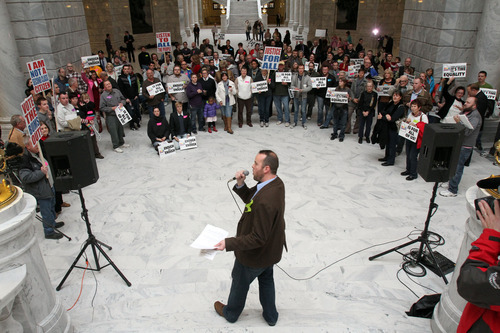 Francisco Kjolseth  |  The Salt Lake Tribune
Weston Clark leads a rally of supporters of Utah's lesbian, gay, bisexual and transgender community as they attended a Human Dignity Rally on Wednesday, February 29, 2012, at the Utah State Capitol to call for a statewide anti-discrimination law. A Senate committee tabled such a proposal earlier this month.