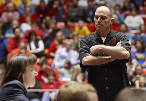 Trent Nelson  |  The Salt Lake Tribune
Utah coach Greg Marsden stands near a judge after the score on Stephanie McAllister's floor routine drew boos from the crowd. Utah vs. Stanford, college gymnastics, Friday, February 24, 2012 in Salt Lake City, Utah.