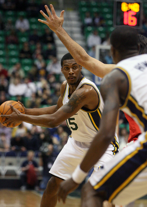 Steve Griffin  |  The Salt Lake Tribune

Utah's Derrick Favors looks for the open man during first half action in the Jazz Rockets game at EnergySolutions Arena in Salt Lake City, Utah  Wednesday, February 29, 2012.