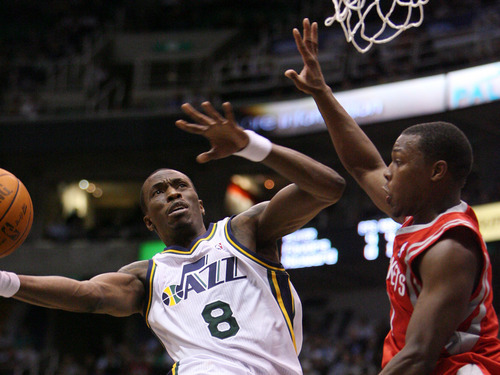 Steve Griffin  |  The Salt Lake Tribune

Utah's Josh Howard gets tot he basket as he tries to hold off Houston's Kyle Lowry during first half action in the Jazz Rockets game at EnergySolutions Arena in Salt Lake City, Utah  Wednesday, February 29, 2012.