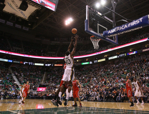 Steve Griffin  |  The Salt Lake Tribune

Utah's Jeremy Evans leaps up for a lob pass during first half action in the Jazz Rockets game at EnergySolutions Arena in Salt Lake City, Utah  Wednesday, February 29, 2012. Evans was fouled on the play.