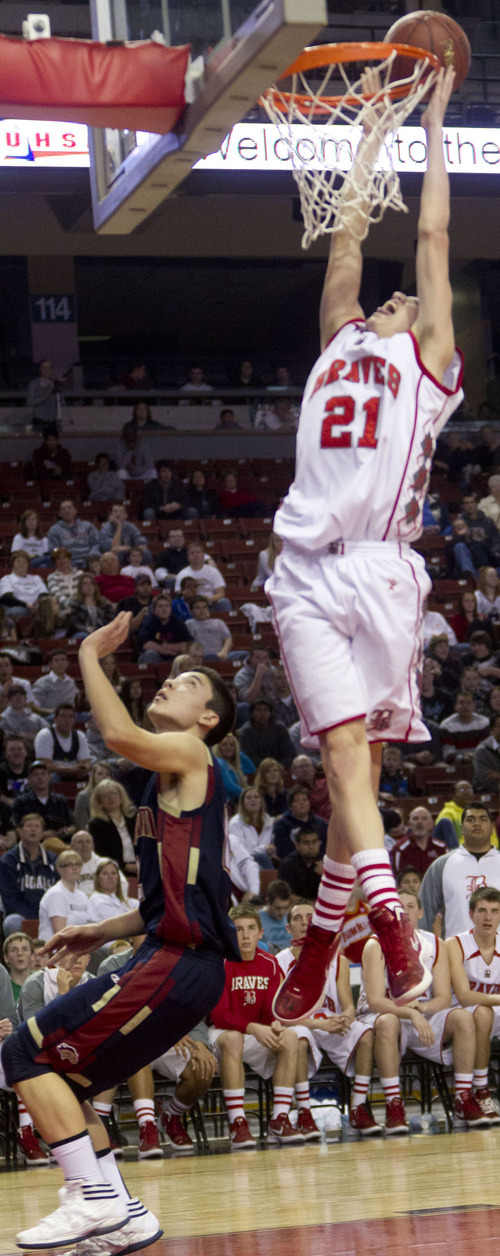 Trent Nelson  |  The Salt Lake Tribune
Bountiful's Dain Murdock scores. Bountiful vs. Herriman, 4A High School Basketball Championships Wednesday, February 29, 2012 at the Maverik Center in West Valley City, Utah.