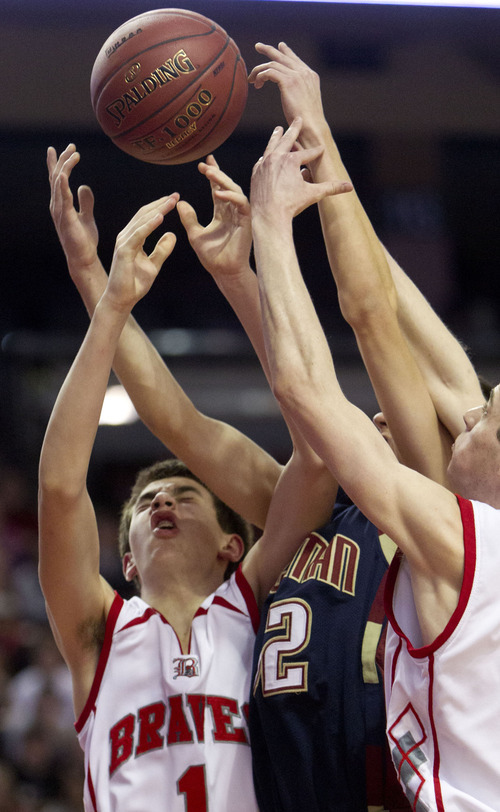 Trent Nelson  |  The Salt Lake Tribune
Bountiful's Zach Seljaas reaches for a rebound. Bountiful vs. Herriman, 4A High School Basketball Championships Wednesday, February 29, 2012 at the Maverik Center in West Valley City, Utah.