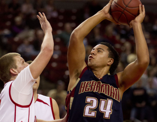 Trent Nelson  |  The Salt Lake Tribune
Herriman's Tueni Lupeamanu shoots. Bountiful vs. Herriman, 4A High School Basketball Championships Wednesday, February 29, 2012 at the Maverik Center in West Valley City, Utah.