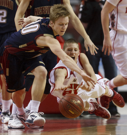 Trent Nelson  |  The Salt Lake Tribune
Bountiful's Dain Murdock dives for the ball, as Herriman's Tanner McKissick also reaches. Bountiful vs. Herriman, 4A High School Basketball Championships Wednesday, February 29, 2012 at the Maverik Center in West Valley City, Utah.