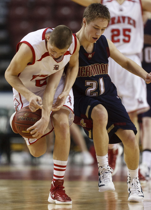 Trent Nelson  |  The Salt Lake Tribune
Bountiful's Dain Murdock and Herriman's Brady Beard scramble for the ball. Bountiful vs. Herriman, 4A High School Basketball Championships Wednesday, February 29, 2012 at the Maverik Center in West Valley City, Utah.