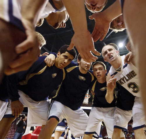 Trent Nelson  |  The Salt Lake Tribune
Skyline's Clint Berhow (3) gets his team pumped up in a pre-game huddle. Orem vs. Skyline, 4A High School Basketball Championships Wednesday, February 29, 2012 at the Maverik Center in West Valley City, Utah.