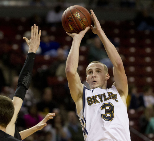 Trent Nelson  |  The Salt Lake Tribune
Skyline's Clint Berhow shoots. Orem vs. Skyline, 4A High School Basketball Championships Wednesday, February 29, 2012 at the Maverik Center in West Valley City, Utah.