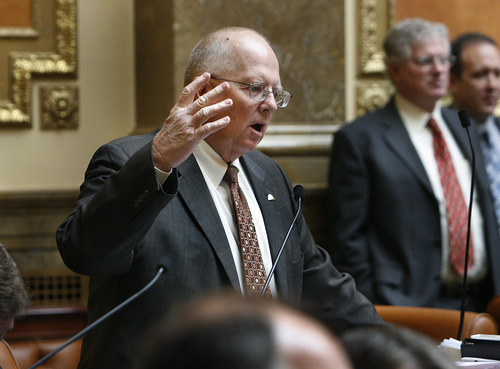 Scott Sommerdorf  |  The Salt Lake Tribune             
Rep. Mike Noel, R-Kanab, opines on land use issues while presenting his bill HB176 in the Utah House on Monday.