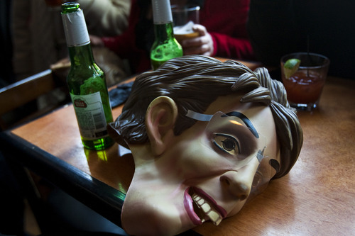 Chris Detrick  |  The Salt Lake Tribune
A Sarah Palin mask from team Tea Party at the Beerhive Pub during the 5th Annual Salt Lake City Urban Iditarod Saturday March 3, 2012. Teams of 