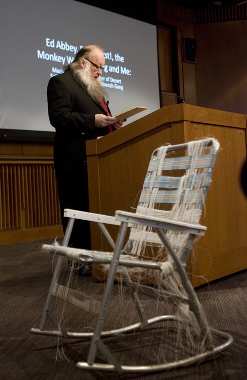 Kim Raff  |  The Salt Lake Tribune
An old  chair of Edward Abbey's sits in front of the podium as Ken Sanders gives a Friends of the Marriott Library Lecture on Edward Abbey at the Marriott Library in Salt Lake City, Utah on March 4, 2012.