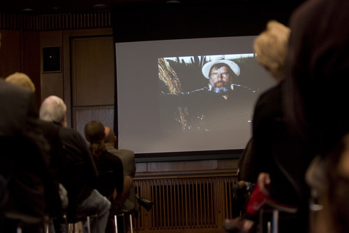 Kim Raff  |  The Salt Lake Tribune
A picture of Edward Abbey is shown on a screen as Ken Sanders gives a Friends of the Marriott Library Lecture on Edward Abbey at the Marriott Library in Salt Lake City on Sunday.