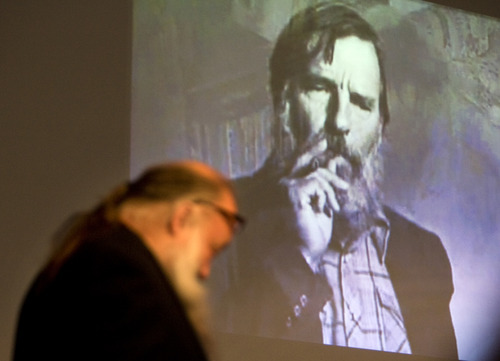 Kim Raff  |  The Salt Lake Tribune
A picture of Edward Abbey is shown on a screen as Ken Sanders gives a Friends of the Marriott Library Lecture on Edward Abbey at the Marriott Library in Salt Lake City, Utah on March 4, 2012.