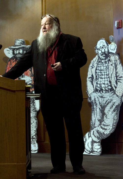 Kim Raff  |  The Salt Lake Tribune
Ken Sanders gives a Friends of the Marriott Library Lecture on Edward Abbey with characters of Abbey's book 