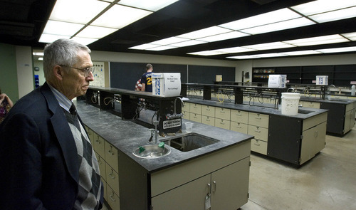 Paul Fraughton  |  The Salt Lake Tribune
Spencer Seager, a chemistry professor at Weber State University,  looks over the freshman chemistry lab in the school's outdated science building. 