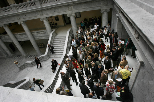 Scott Sommerdorf  |  The Salt Lake Tribune             
The packed lobbyists area just outside the Utah House of Representatives, Thursday February 23, 2012.