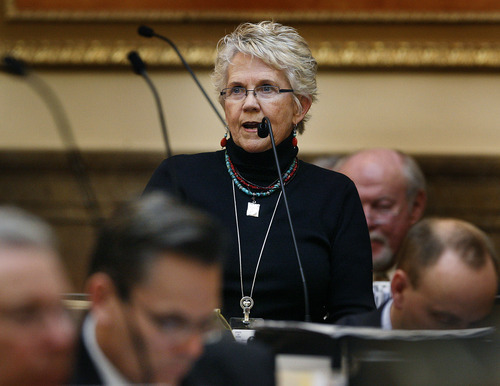 Scott Sommerdorf  |  The Salt Lake Tribune             
Rep. Carol Spackman Moss, D-Holladay, speaks against HB461. She was the only representative to speak against the bill imposing a 72-hour waiting period for abortions.