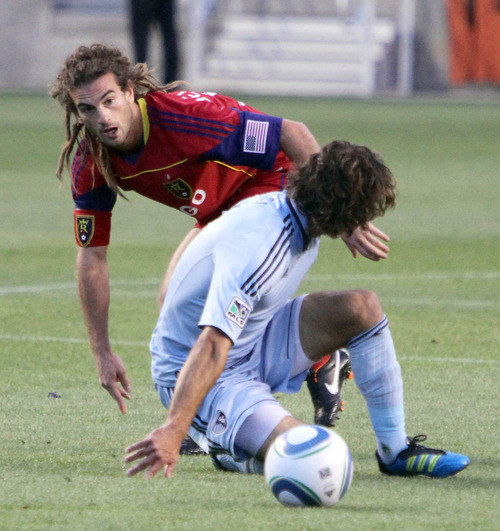 Real Salt Lake midfielder Kyle Beckerman (5) has trouble in the midfield against Sporting Kansas City in Rio Tinto Stadium.
Stephen Holt/ Special to the Tribune