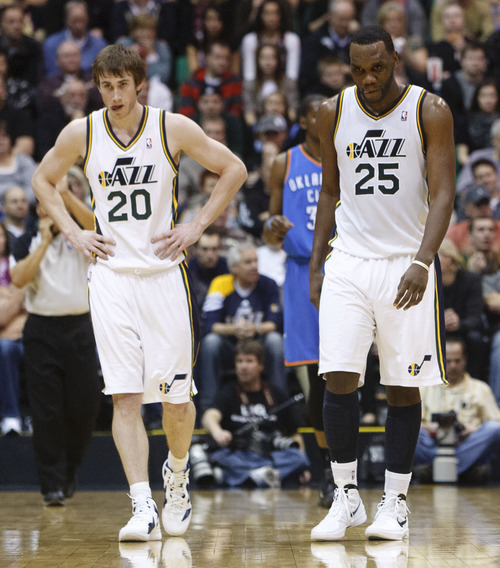 Trent Nelson  |  The Salt Lake Tribune
Utah Jazz forward Gordon Hayward (20) and center/forward Al Jefferson (25) walk to the bench as a timeout is called with the Thunder leading 72-62 in the third quarter. Utah Jazz host the Oklahoma City Thunder, NBA basketball at EnergySolutions Arena Friday, February 10, 2012 in Salt Lake City, Utah.