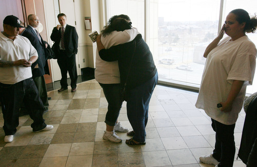 Steve Griffin  |  The Salt Lake Tribune

 Elka Fernandez, left, and Seneuefa Farani, cry as they embrace outside Judge William Barrett's courtroom following a change of plea hearing at the Matheson Courthouse in Salt Lake City, Utah Thursday, March 8, 2012.  Hunter Farani, Seneuefa's, son, plead guilty to two counts of aggravated kidnapping and one count of aggravated murder for the murder of Fernandez's son, 18-year-old JoJo Lee Brandstatt in 2009.  Farani was barely 14 when he shot Brandstatt for wearing the color of a rival gang.