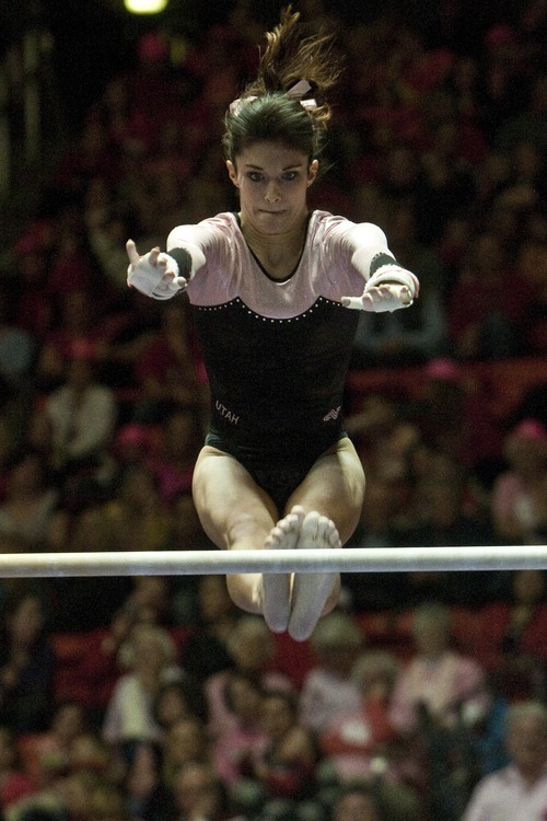 Chris Detrick  |  The Salt Lake Tribune
Utah's Nansy Damianova competes on the bars during the gymnastics meet against Oregon State at the Huntsman Center Friday March 2, 2012. Utah won 196.575 to 195.600.