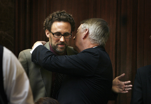 Scott Sommerdorf  |  The Salt Lake Tribune             
Sen. John Valentine, R-Orem, gives a hug to Rep. David Litvack, D-Salt Lake, in the Utah House of Representative, Thursday. Litvack had announced he would retire from the House at the end of this session.