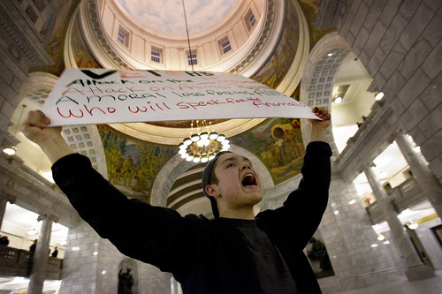 Scott Sommerdorf  |  The Salt Lake Tribune             
Protestor Dominic Ayala shouts his displeasure with HB187 - Agriculture Operation Interferance - in the Capitol Rotunda near the Utah House of Representatives, Thursday, March 8, 2012.