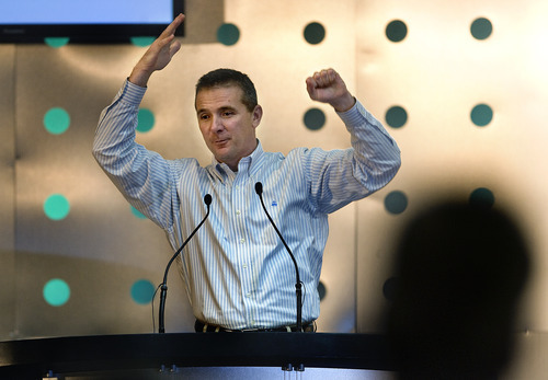 Scott Sommerdorf  |  The Salt Lake Tribune             
Ohio State football coach Urban Meyer gestures while telling a joke as an ice-breaker while opening his speech to the AGC Intermountain Growth Conference at the Grand America in Salt Lake City on Thursday, March 9, 2012.