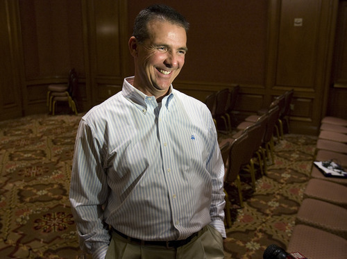 Scott Sommerdorf  |  The Salt Lake Tribune             
New Ohio State football coach Urban Meyer smiles as he reacts to a question during an interview prior to speaking to the AGC Intermountain Growth Conference at the Grand America, Thursday, March 9, 2012.