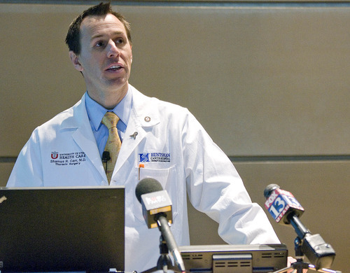 Paul Fraughton  |  The Salt Lake Tribune
Physician Shamus Carr, assistant professor in the Department of Surgery at the University of Utah, talks about low-dose CT screening for the detection of lung cancers at a press conference Friday, March 9, 2012, at the Huntsman Cancer Institute in Salt Lake City.